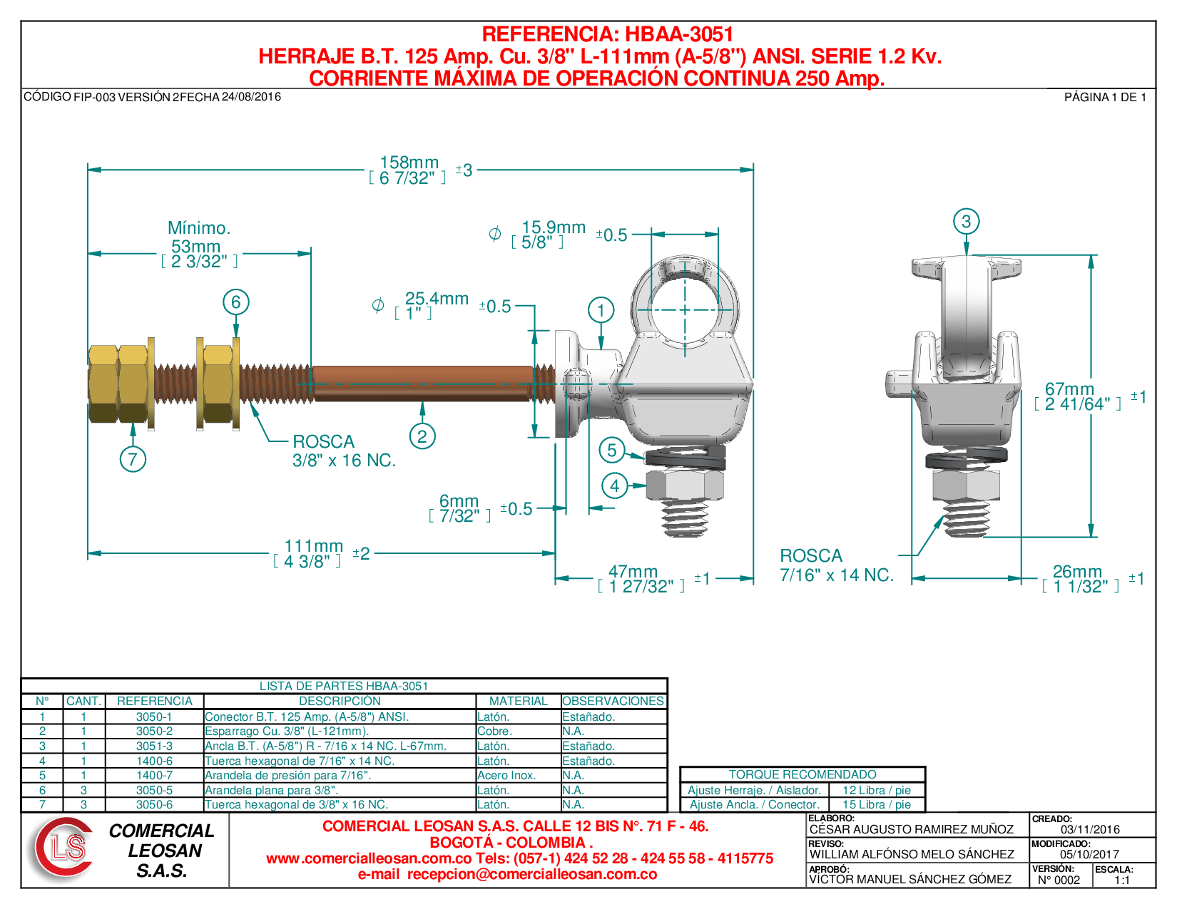 HERRAJE B.T. 125 Amp. Cu. 3/8" L-111mm (A-5/8") ANSI. SERIE 1.2 Kv.