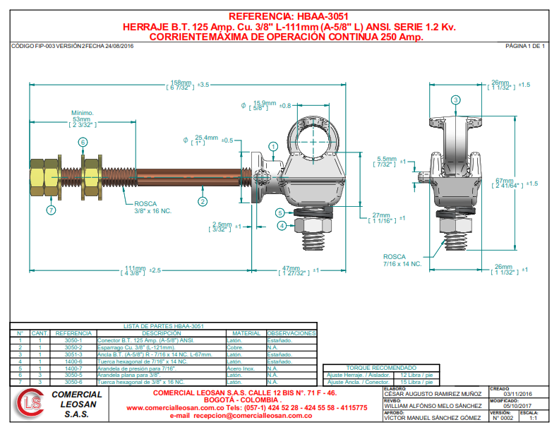 HERRAJE B.T. 125 Amp. Cu. 3/8" L-111mm (A-5/8" L) ANSI. SERIE 1.2 Kv.