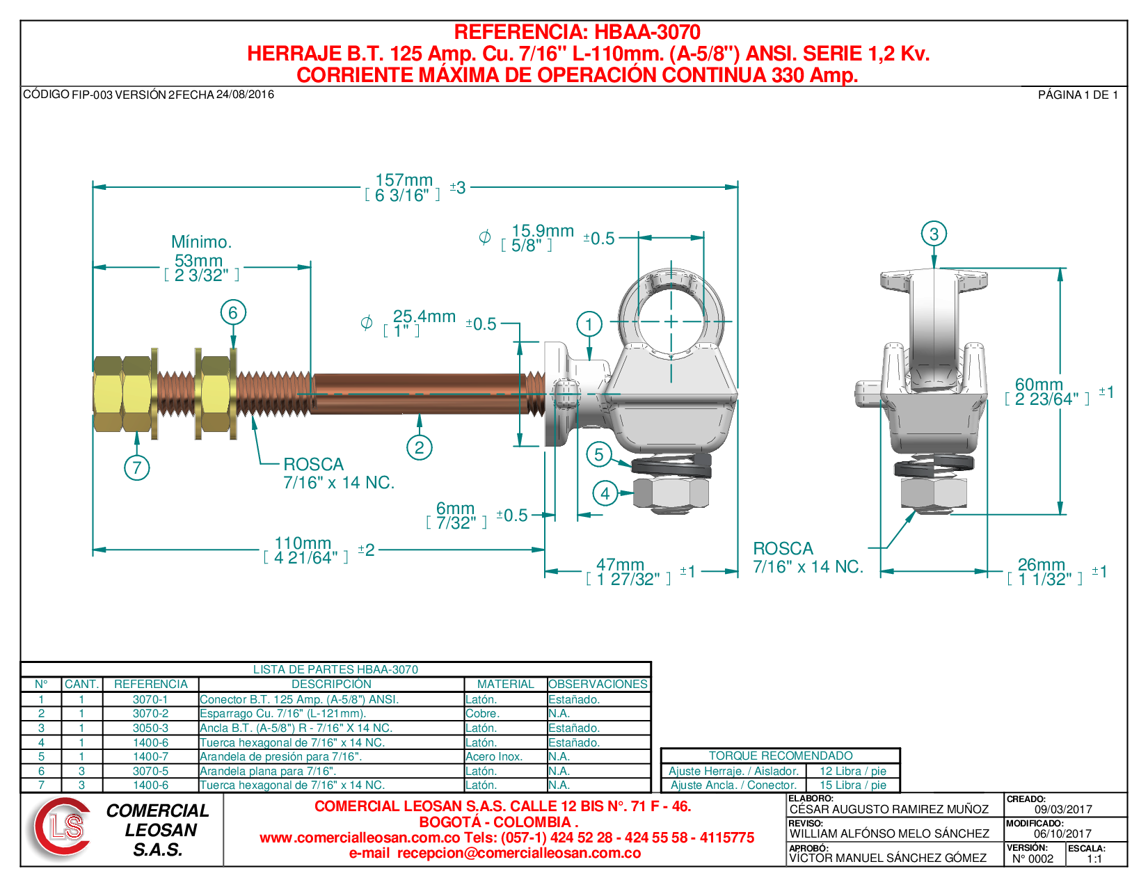 HERRAJE B.T. 125 Amp. Cu. 7/16" L-110mm. (A-5/8") ANSI. SERIE 1,2 Kv.