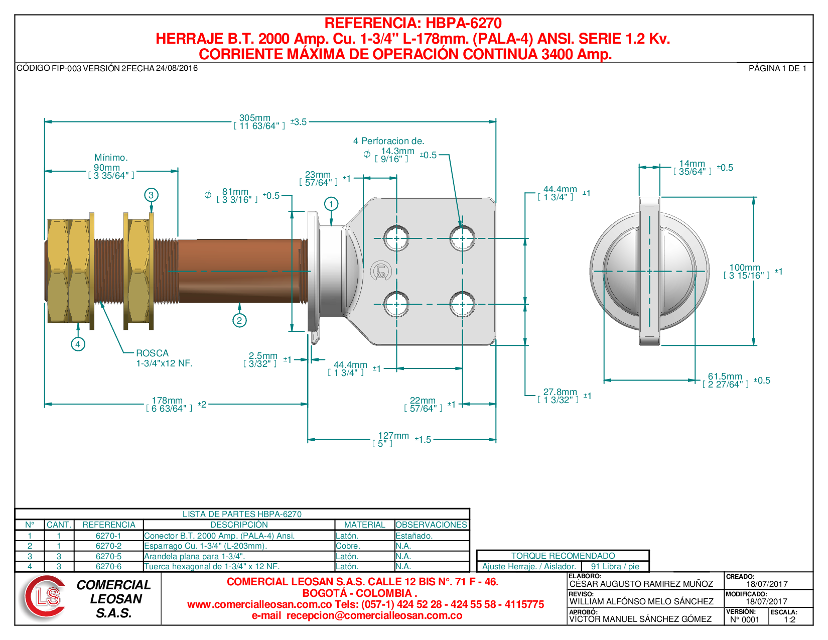 HERRAJE B.T. 2000 Amp. Cu. 1-3/4" L-178mm. (PALA-4) ANSI. SERIE 1.2 Kv.